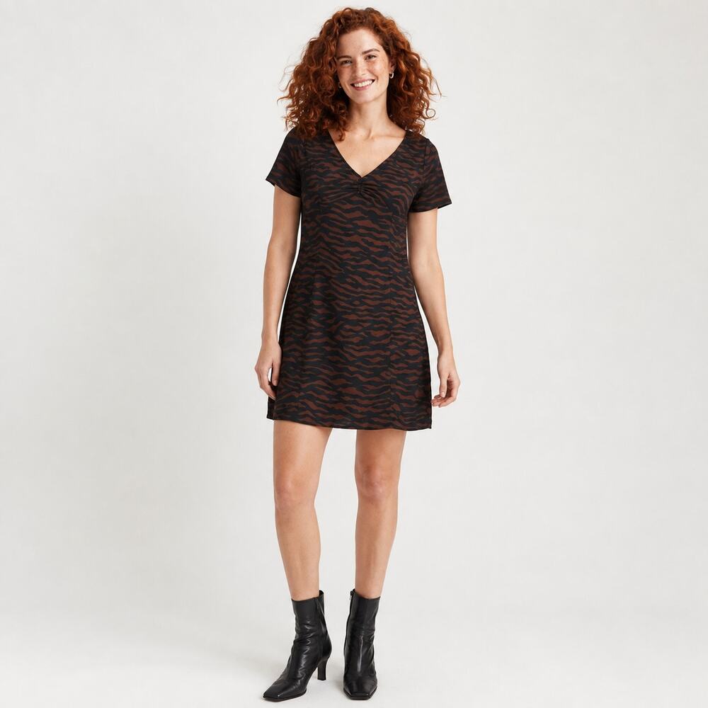 Madewell Dress WMNS 0 Brown Black Zebra Print V Neck Mini Animal Indie Sleaze